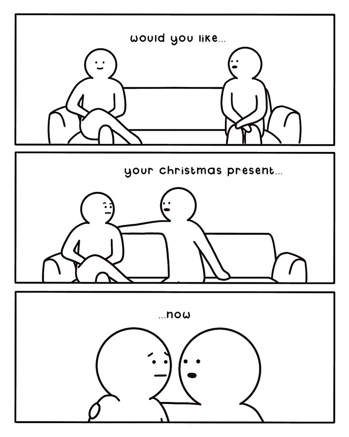 Two cartoon figures on a couch with humorous Christmas gift exchange dialogue.