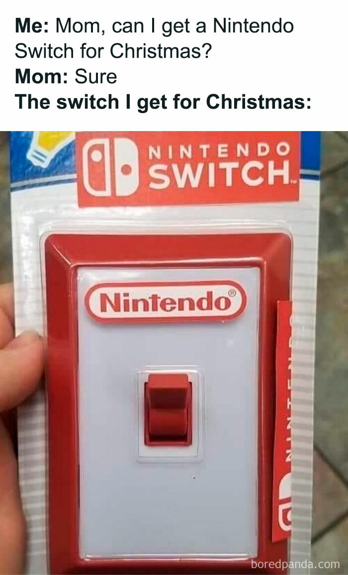 Funny Christmas meme of a light switch labeled as a Nintendo Switch gift.