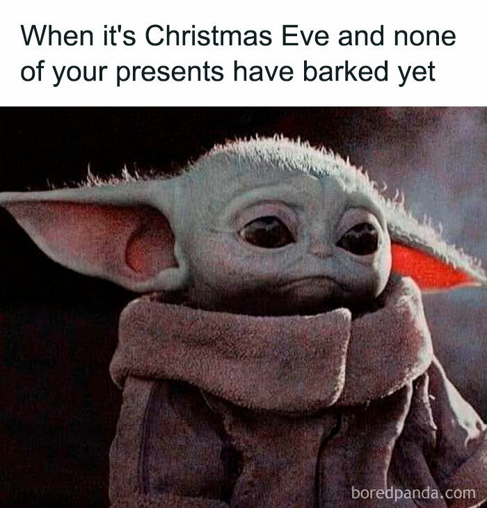 Baby alien in a coat with text: "When it's Christmas Eve and none of your presents have barked yet" - Funny Christmas meme.