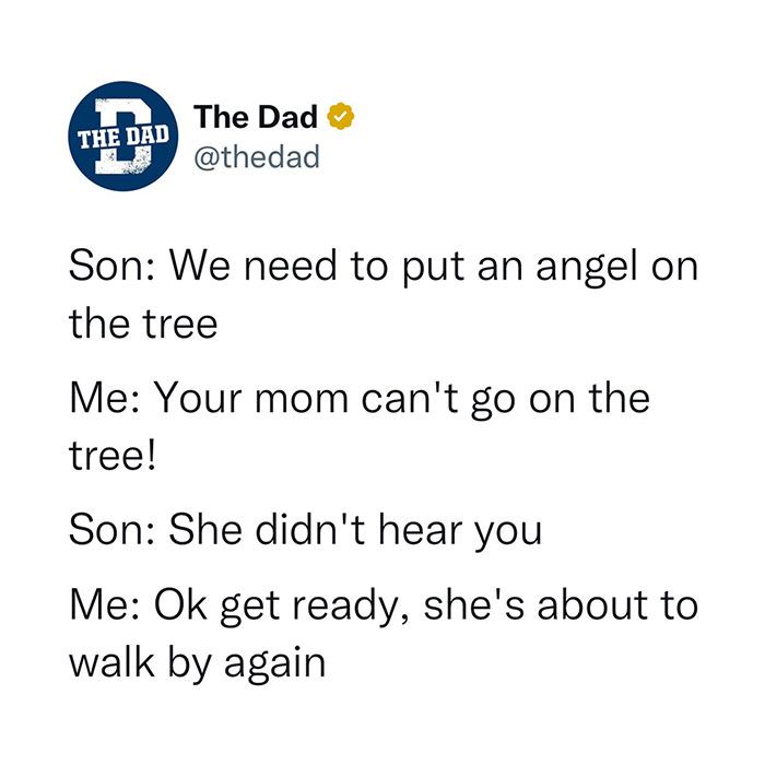 Funny Christmas meme about putting an angel on a tree, featuring a humorous dialogue between father and son.