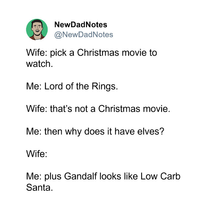 Funny Christmas meme with a conversation about choosing a Christmas movie, suggesting "Lord of the Rings" for its elves.