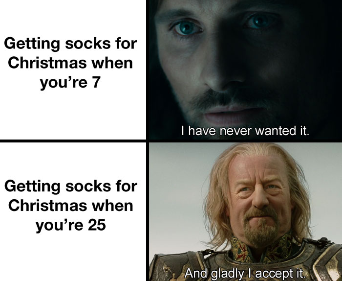 Funny Christmas meme about getting socks as a gift at different ages.