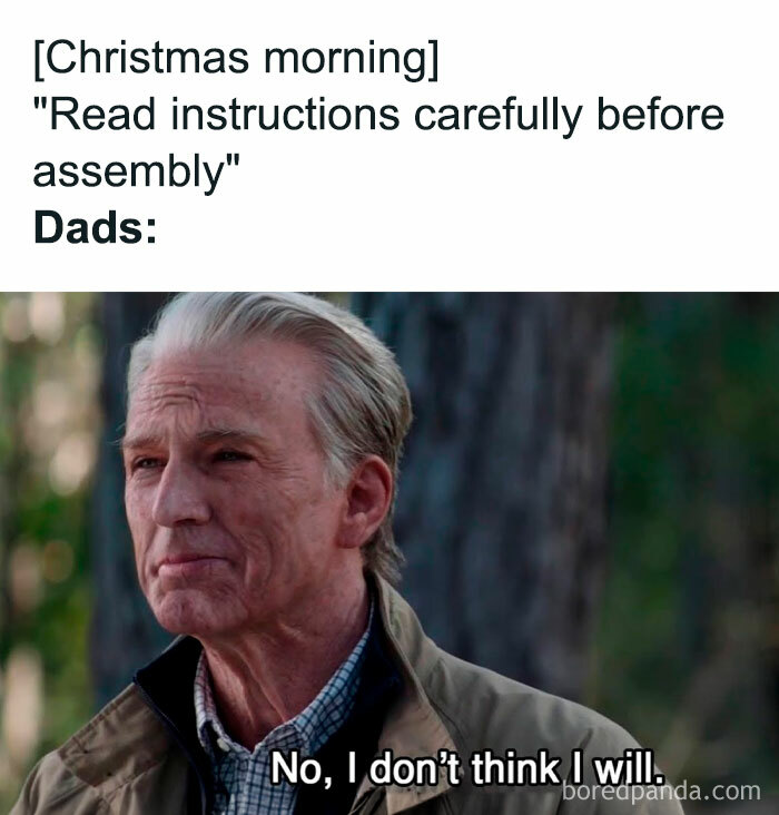 Funny Christmas meme with a dad humorously refusing to read assembly instructions on Christmas morning.