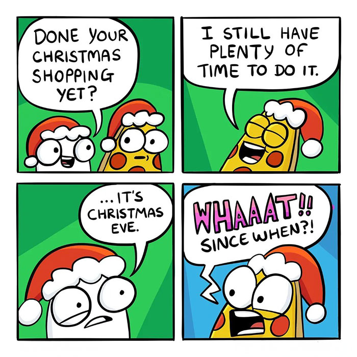 Santa hat characters in a funny Christmas meme about last-minute shopping, expressing surprise.