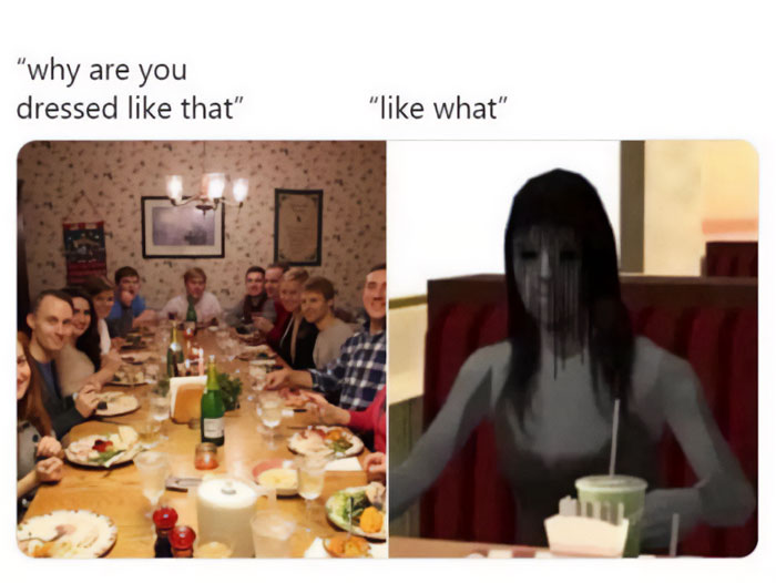 Funny Christmas meme comparing a family dinner and a video game character.