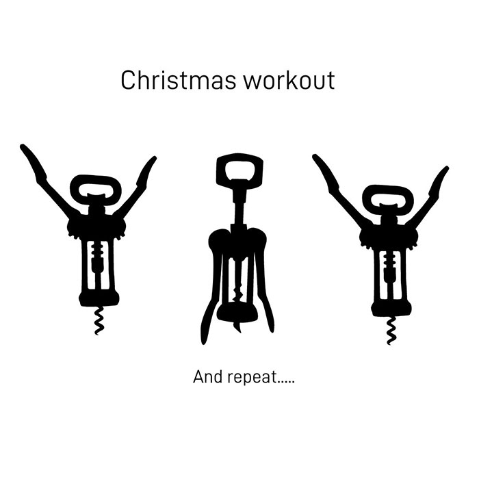 Corkscrew silhouettes create a funny Christmas meme about a workout routine.