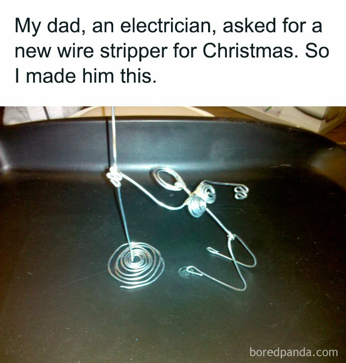 Funny Christmas meme showing wire figure dancing on a baking tray as a humorous gift for an electrician.