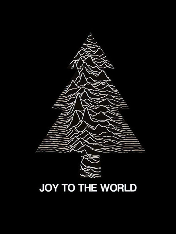 Christmas meme with a tree made of waveform lines and text "Joy to the World" on a black background.