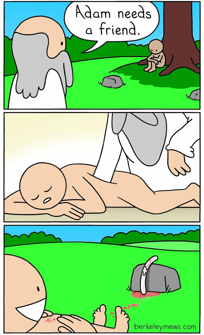 Twisted humor comic showing a man creating a friend from a rock, with a worm popping out, adding a humorous twist.