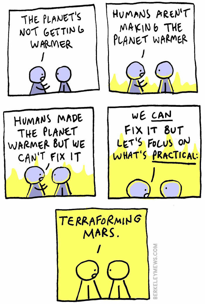 Twisted humor comic about environmental issues and terraforming Mars.