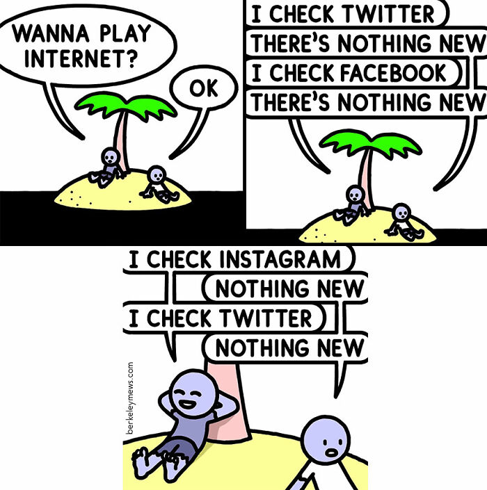 Two characters on an island humorously bored after checking social media with a twisted sense of humor.