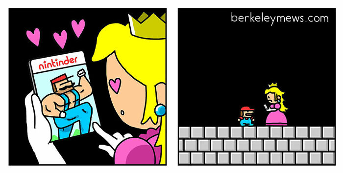 Comic featuring princess swiping on "Nintinder" and meeting a muscular character on a platform; twisted sense of humor.