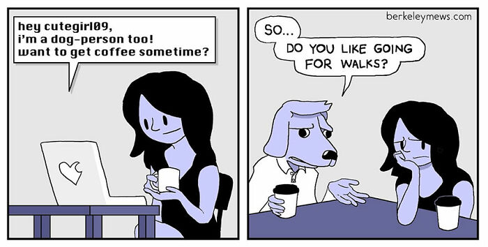 Comic with a twisted sense of humor: Woman chatting online, then meeting a person with a dog's head at a café.