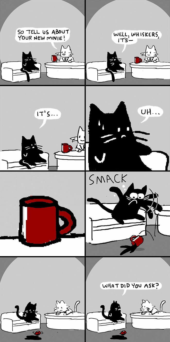 Cats in a comic discussing a movie; one cat smacks a mug off the table with a humorous twist.