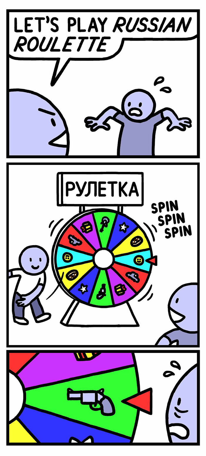 Chuckle-worthy comic featuring characters playing a humorous version of Russian roulette with a spinning wheel.