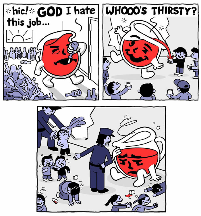 Comic panel with a humorous twist, featuring a giant anthropomorphic drink jug causing chaos at a party.