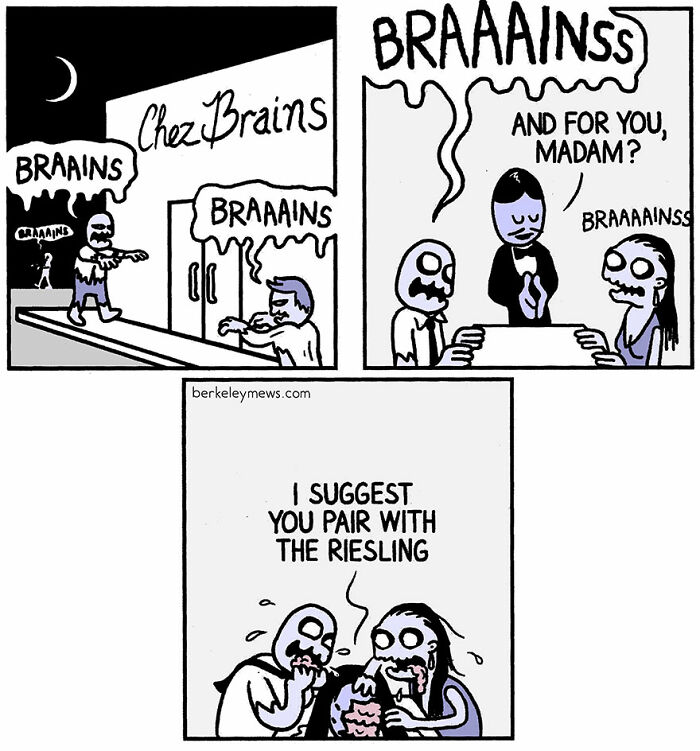 Zombie dining comic with humorous twist: waiter suggests brain dish pairs with Riesling.