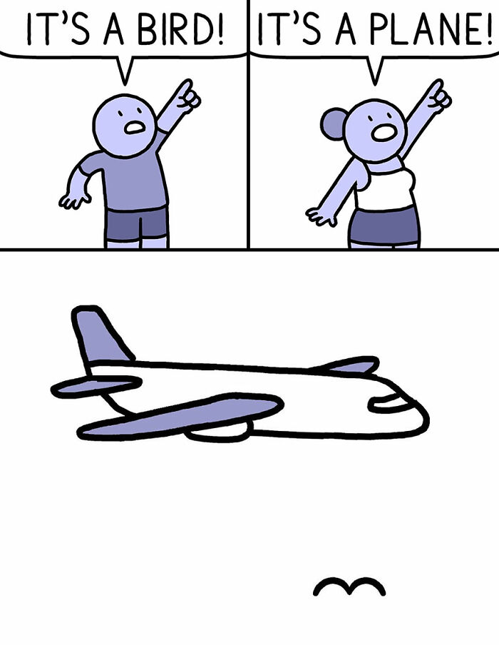 Two characters point up, mistaking a distant bird and airplane. Twisted humor comic.