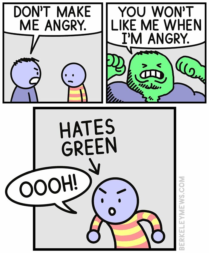 Comic strip with a twist: character turns green when angry, making another upset due to a dislike for the color green.