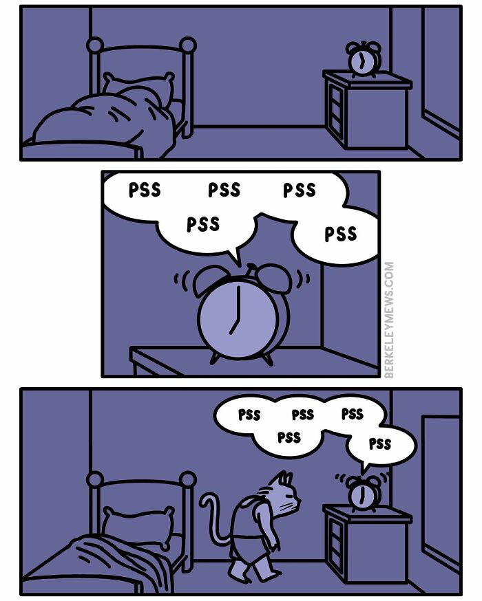 Comic strip of a cat being woken by a whispering alarm clock in a bedroom, showcasing twisted humor.