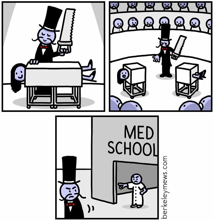 Magician's trick gone wrong at med school in a twisted humor comic.