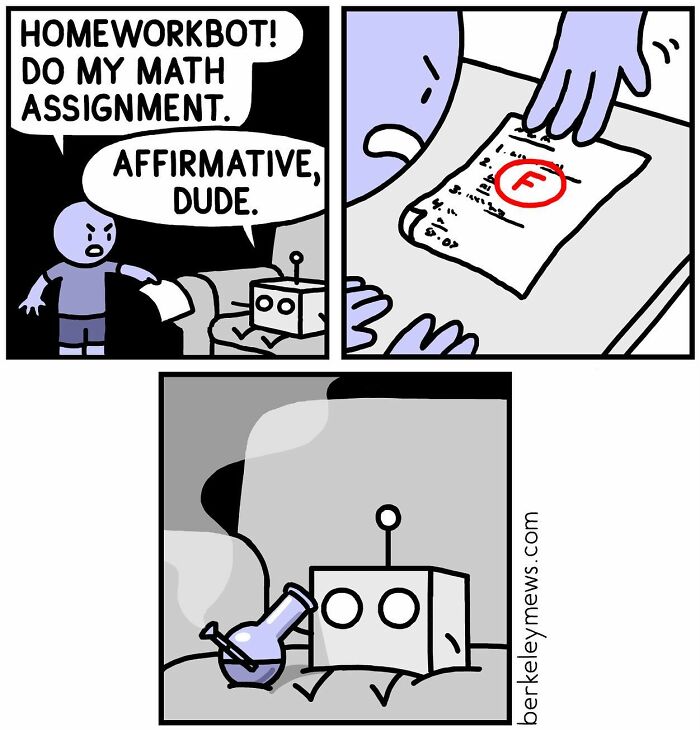 Comic about a robot doing homework wrong, receiving an F grade, highlighting twisted sense of humor.