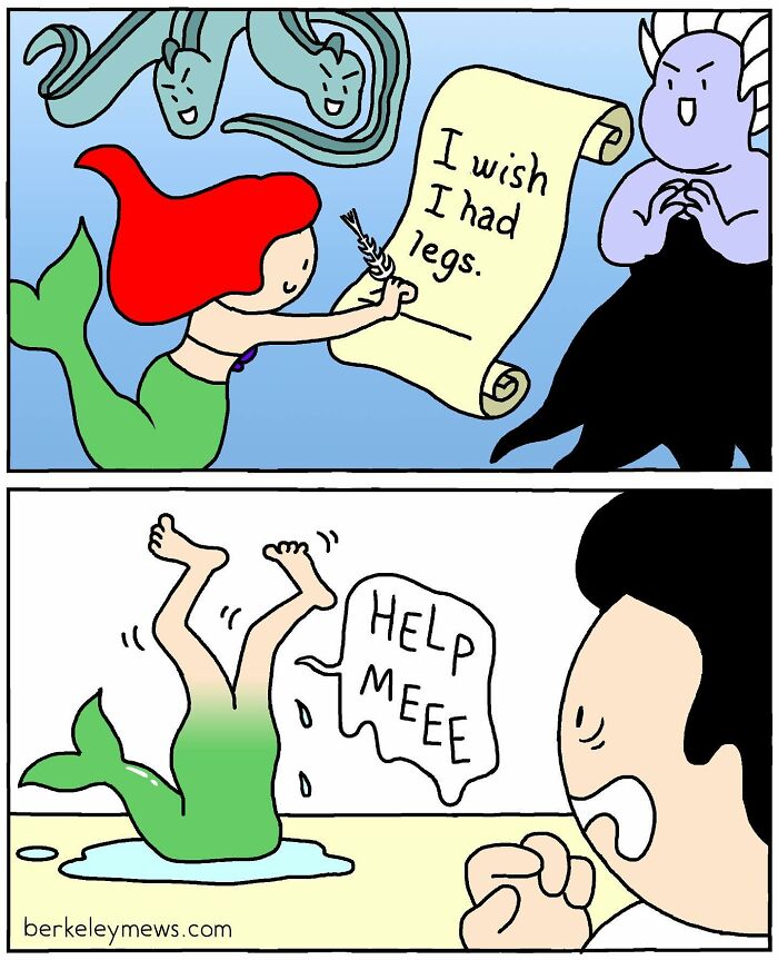 Mermaid signs wish for legs, resulting in chaos, providing a chuckle-worthy twist in the comic.