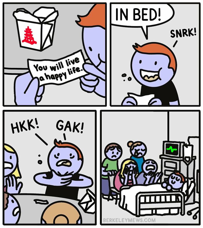 Comic strip with a man joking about a fortune cookie, then choking, and ending in a hospital bed surrounded by concerned people.