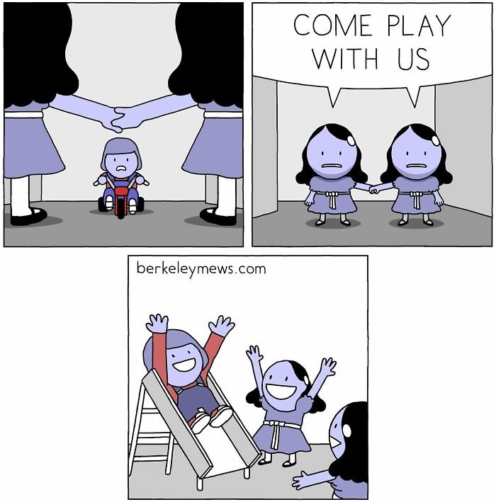 A child plays despite eerie twins, showcasing twisted sense of humor in a comic by berkeleymews.com.