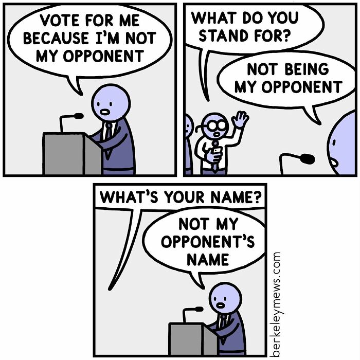 Comic strip featuring humorous election debate, highlighting a candidate's responses focused on not being the opponent.