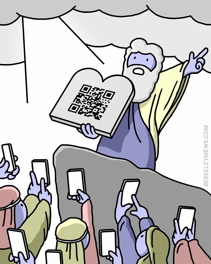 Comic depicting a bearded figure holding tablets with a QR code, while a crowd holds smartphones below.