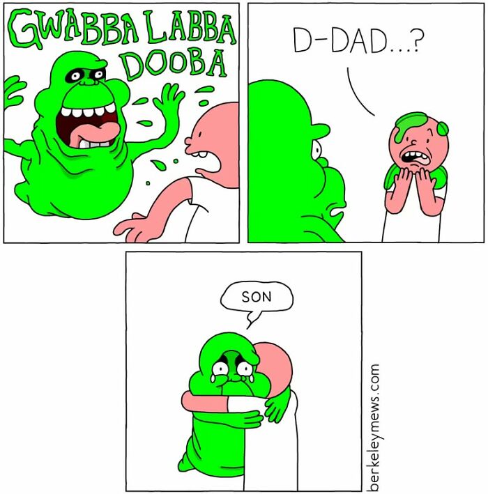 Comic with a green creature hugging a surprised child. The humor is twisted as the creature is unexpectedly the child's father.