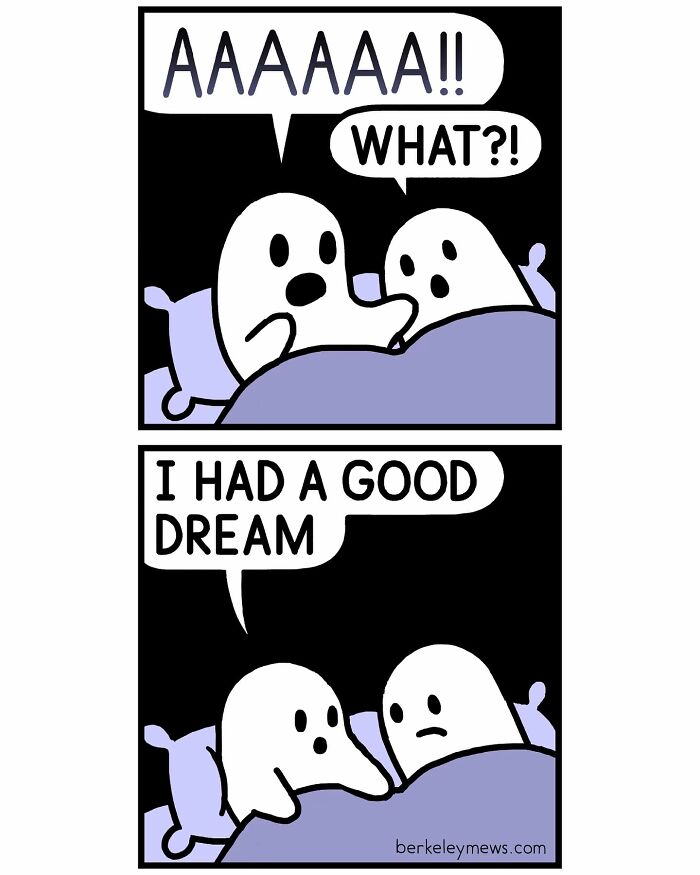 Comic with a humorous twist: two characters in bed, one yelling "AAAAA!!" and the other replying to waking from a good dream.