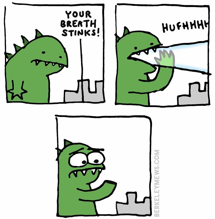 Green cartoon dinosaur with bad breath jokes about it by blowing air.