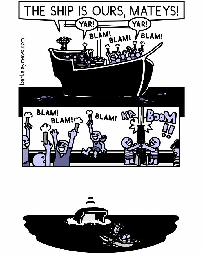 Pirates celebrating on a ship with a twist, comic humor in action.