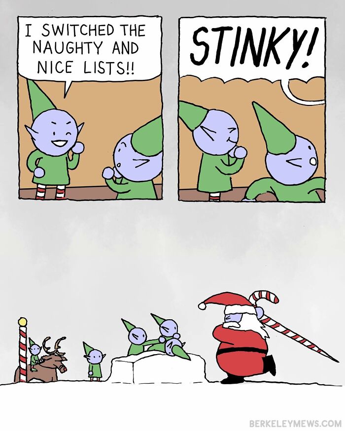 Comic with elves mischievously switching Santa's naughty and nice lists, featuring a humorous twist.