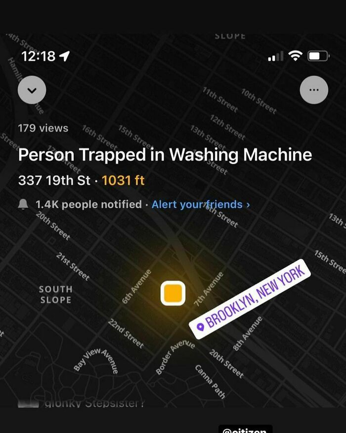 Map of Brooklyn, New York showing alert titled "Person Trapped in Washing Machine" with location highlighted.