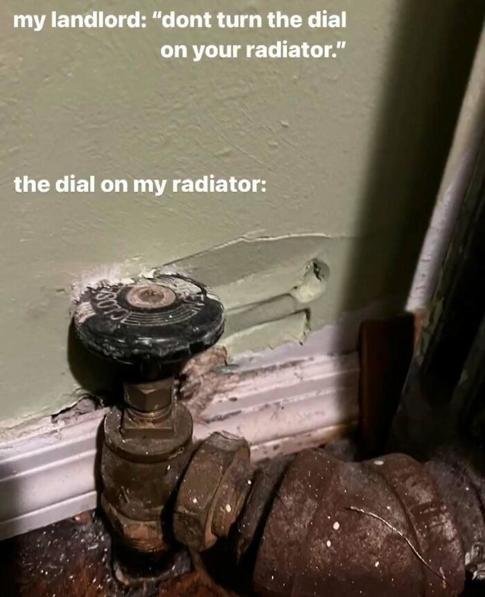 Funny image of a broken radiator dial in a New York apartment with a humorous landlord warning text.