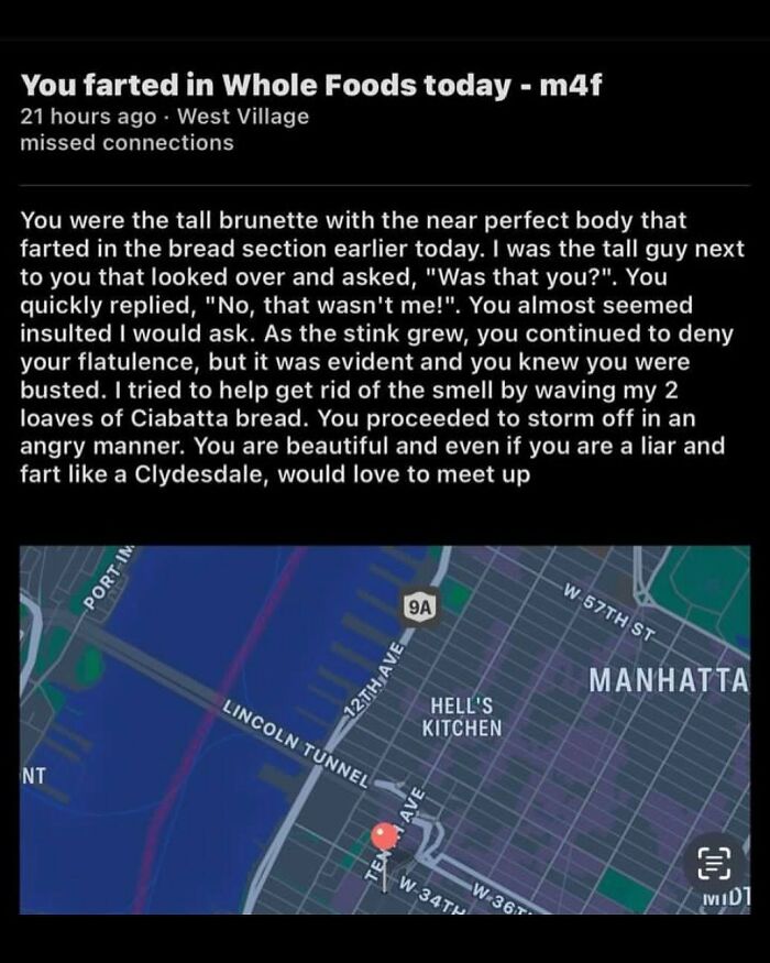 Funny missed connections post in New York about an encounter in Whole Foods, referencing a humorous incident.