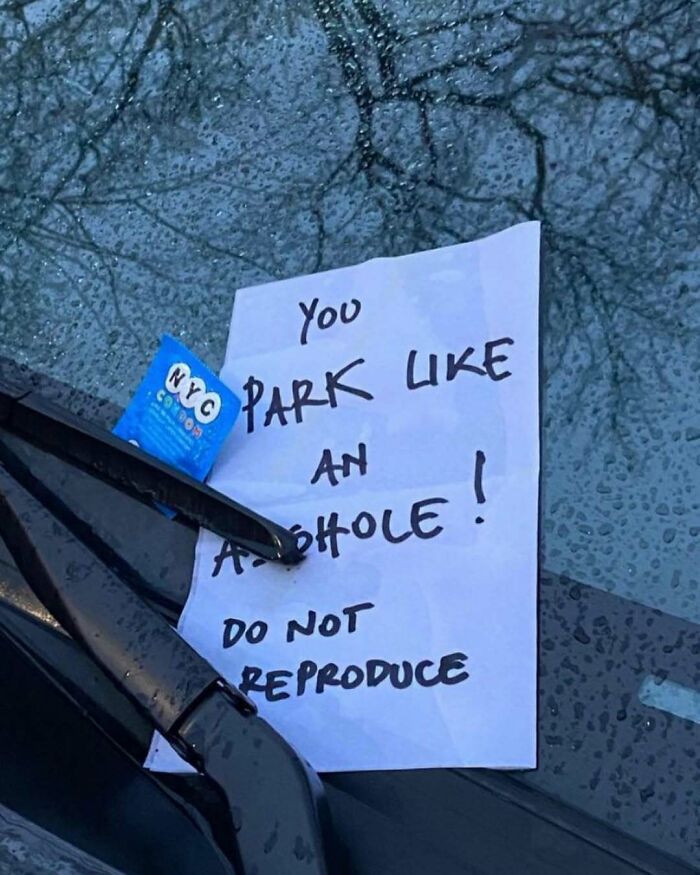 Note on windshield with humorous insult about parking in New York.