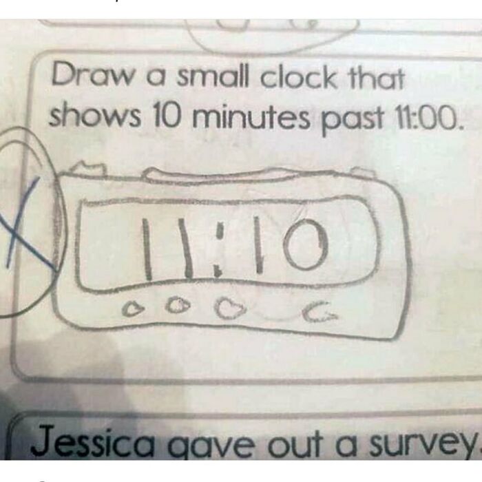 Funny science meme showing a digital clock drawing with incorrect time 11:10 for a task to show 10 minutes past 11:00.