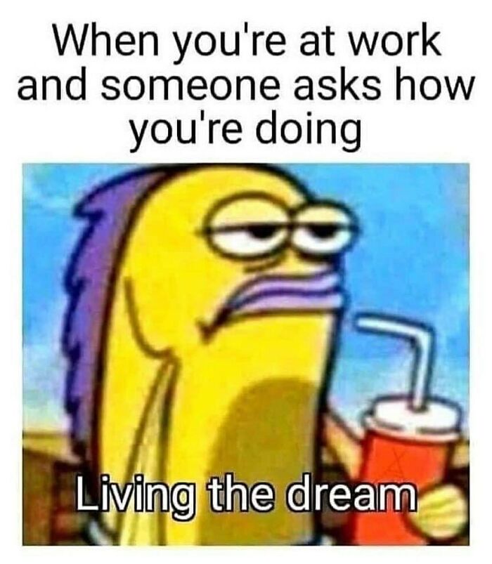 Cartoon fish with a tired expression holding a drink, captioned "Living the dream" in a work meme.