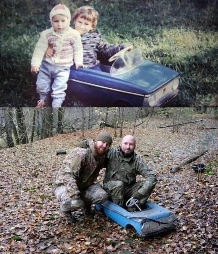 "Interesting history pic: two children beside a toy car, later recreated by adults in a forest setting."