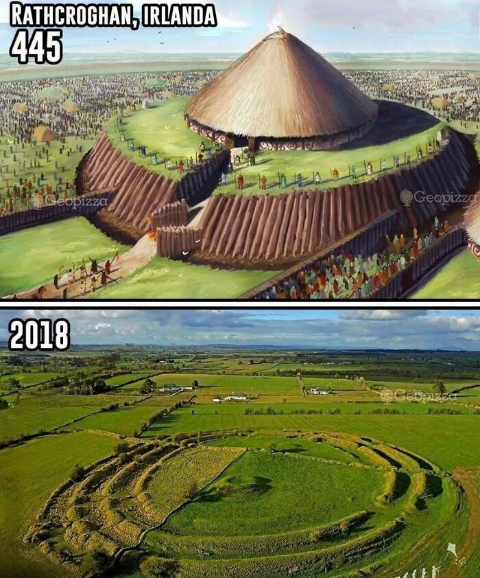 Historical images of Rathcroghan, Ireland from 445 and 2018 showcasing ancient structures and landscape changes.