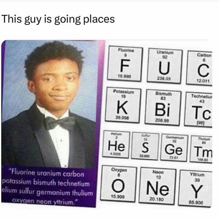 Student in formal attire beside a humorous periodic table arrangement, showcasing a creative science meme.