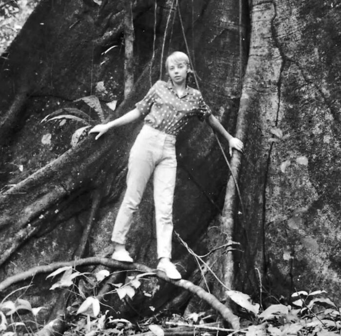 Person standing on tree roots in a forest, wearing a patterned shirt and jeans. Historical photo with interesting facts.