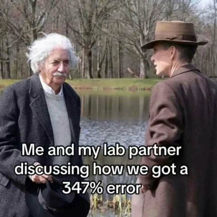 Two men dressed in vintage attire discussing a scientific error by a pond with meme text overlay about lab results.