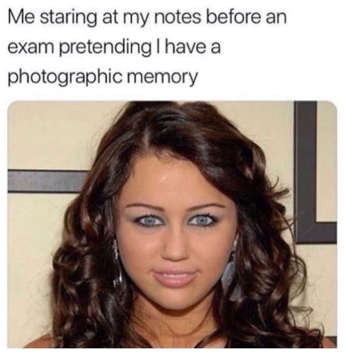 Woman with a focused expression, captioned about university life and pretending to have a photographic memory.