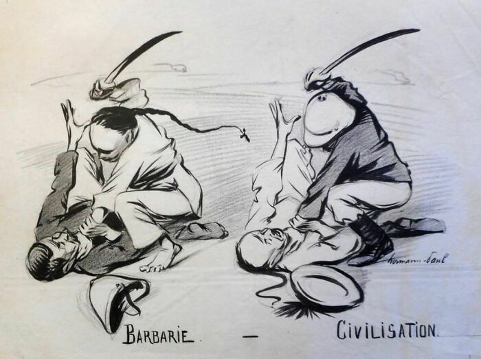 Historical illustration comparing barbarism and civilization, highlighting contrasting acts of violence.