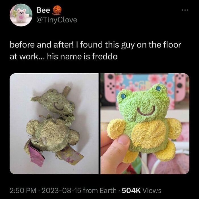 Before and after photo of a frog plush toy named Freddo found at work, showcasing memes and culture vibes.